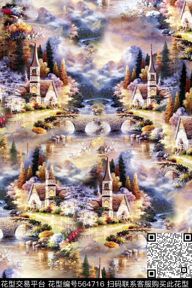 风景潮流时尚大牌欧式油画风景数码印花华亿平台下载（图片编号: 564716） - 瓦栏（Walan）