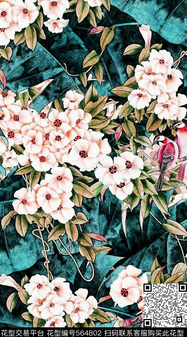 花卉叶子时尚工笔画数码印花服装数码印花华亿平台下载（图片编号: 564802） - 瓦栏（Walan）