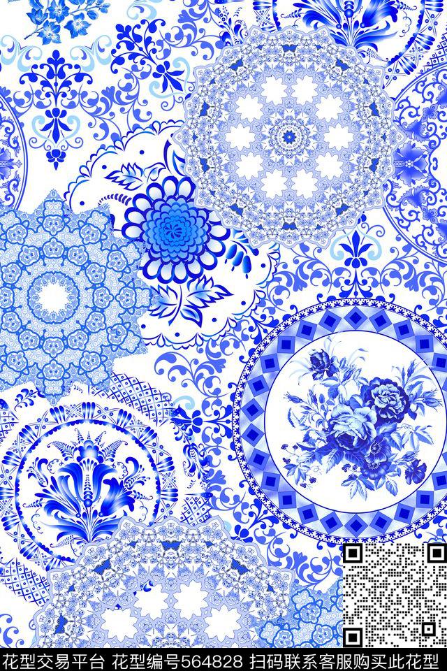 中国风青花瓷花卉数码印花华亿平台下载（图片编号: 564828） - 瓦栏（Walan）