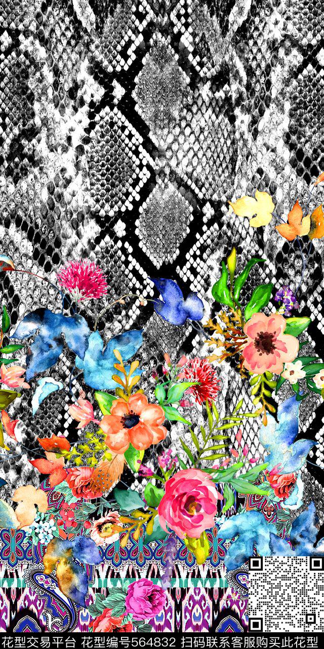 时尚蛇纹水彩花卉数码印花华亿平台下载（图片编号: 564832） - 瓦栏（Walan）