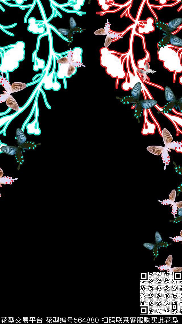 写意抽象花卉蝴蝶传统印花华亿平台下载（图片编号: 564880） - 瓦栏（Walan）
