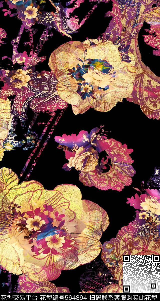 黑底花装饰纹幻彩花数码印花华亿平台下载（图片编号: 564894） - 瓦栏（Walan）