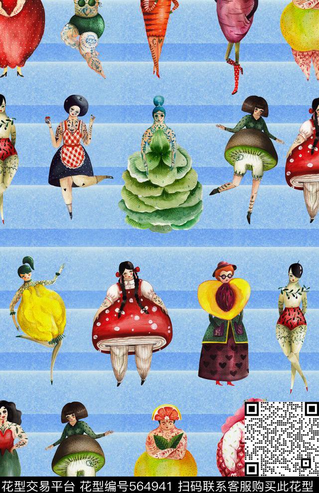 手绘水果蔬菜数码印花华亿平台下载（图片编号: 564941） - 瓦栏（Walan）