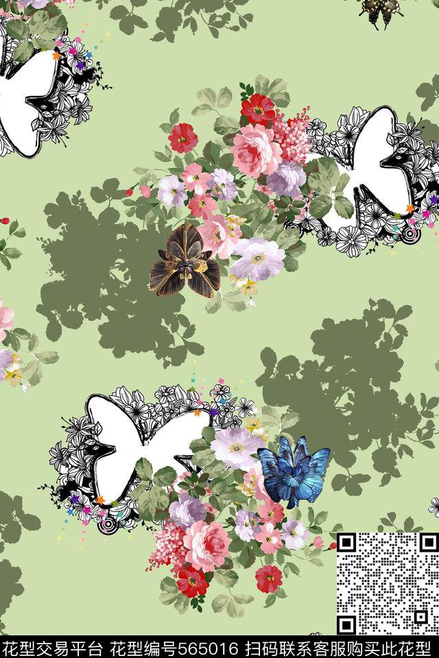 休闲花卉装饰蝴蝶阴影数码印花华亿平台下载（图片编号: 565016） - 瓦栏（Walan）