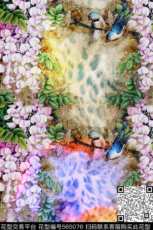 中国风花鸟组合工笔画数码印花华亿平台下载（图片编号: 565076） - 瓦栏（Walan）