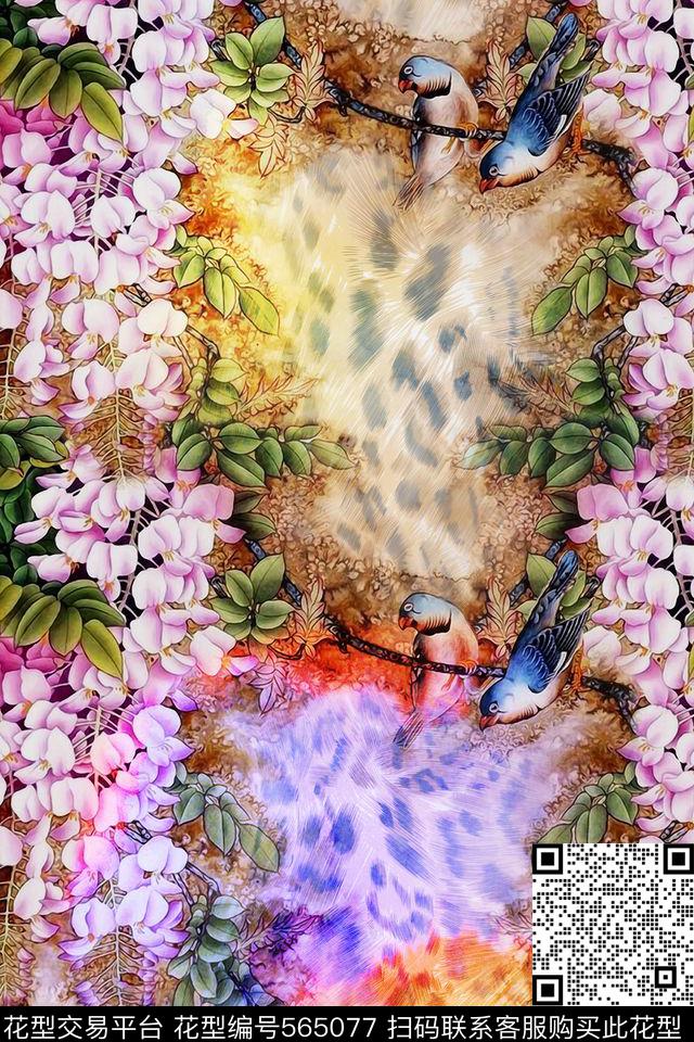 中国风花鸟组合工笔画数码印花华亿平台下载（图片编号: 565077） - 瓦栏（Walan）