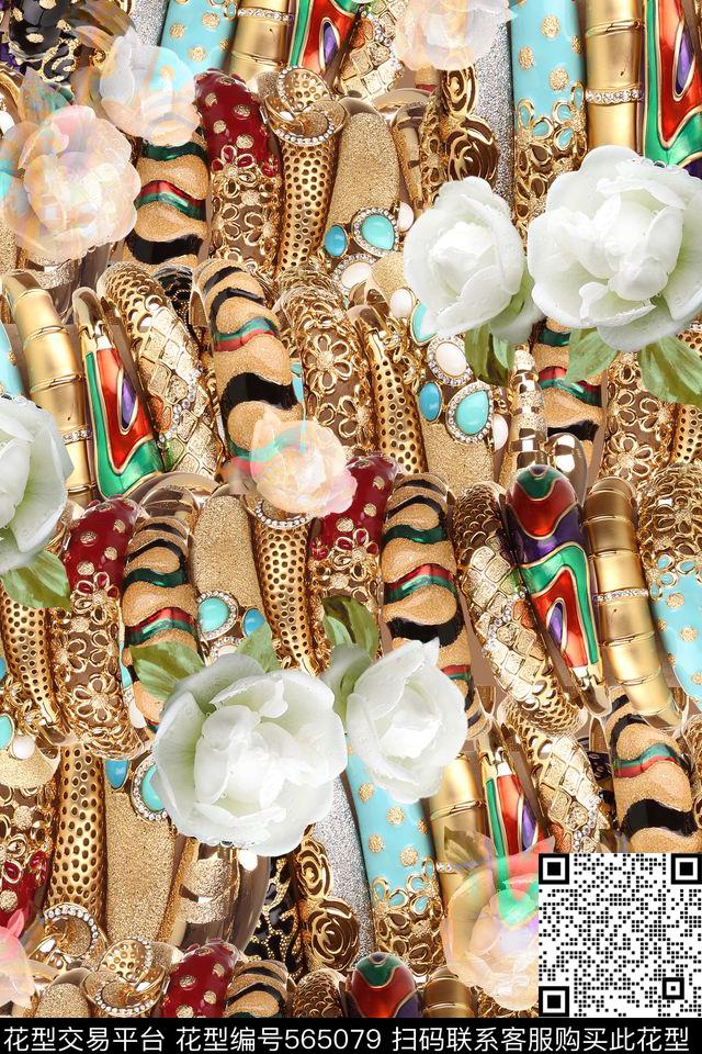 手绘复古花卉珠宝水晶数码印花华亿平台下载（图片编号: 565079） - 瓦栏（Walan）