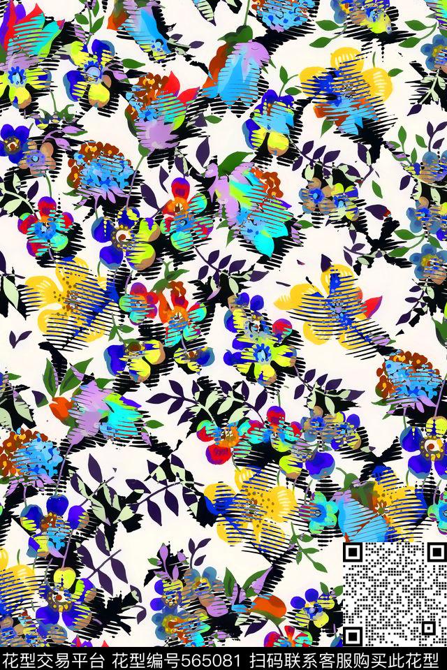 抽象春夏花卉数码印花华亿平台下载（图片编号: 565081） - 瓦栏（Walan）