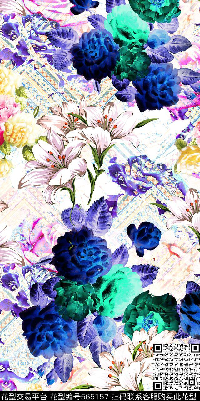 休闲风手绘幻彩迷离几何花卉流行时尚数码印花华亿平台下载（图片编号: 565157） - 瓦栏（Walan）