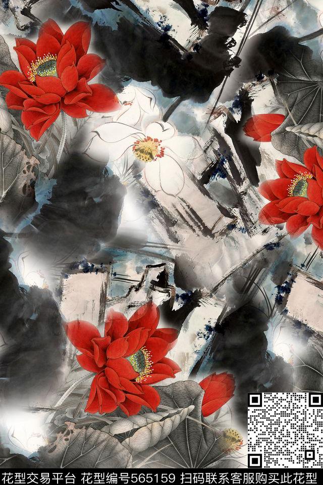 中国风水墨荷花旗袍丝绸华亿平台数码印花华亿平台下载（图片编号: 565159） - 瓦栏（Walan）