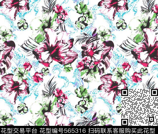 热带热情时尚水彩大花手绘花卉动物纹蛇纹水纹波浪热带植物叠加传统印花华亿平台下载（图片编号: 565316） - 瓦栏（Walan）