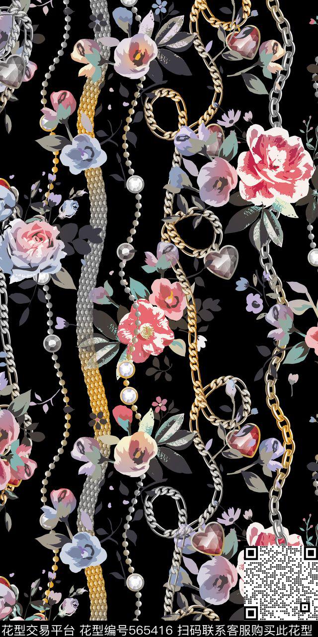 花卉几何链条数码印花华亿平台下载（图片编号: 565416） - 瓦栏（Walan）