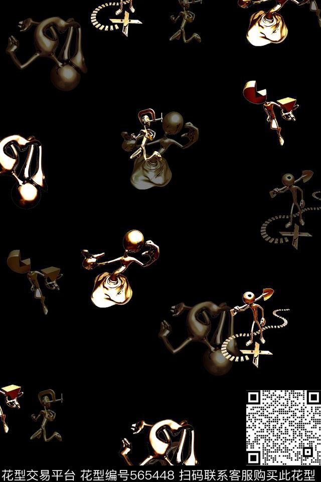金属质感四方连续小人数码印花华亿平台下载（图片编号: 565448） - 瓦栏（Walan）