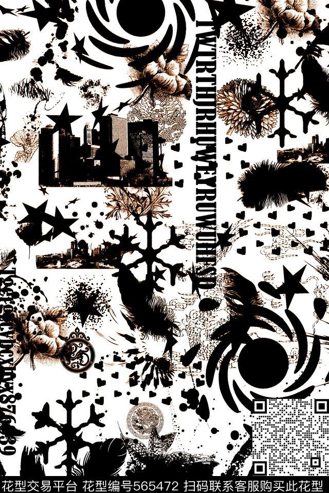 潮牌黑白图案数码印花华亿平台下载（图片编号: 565472） - 瓦栏（Walan）