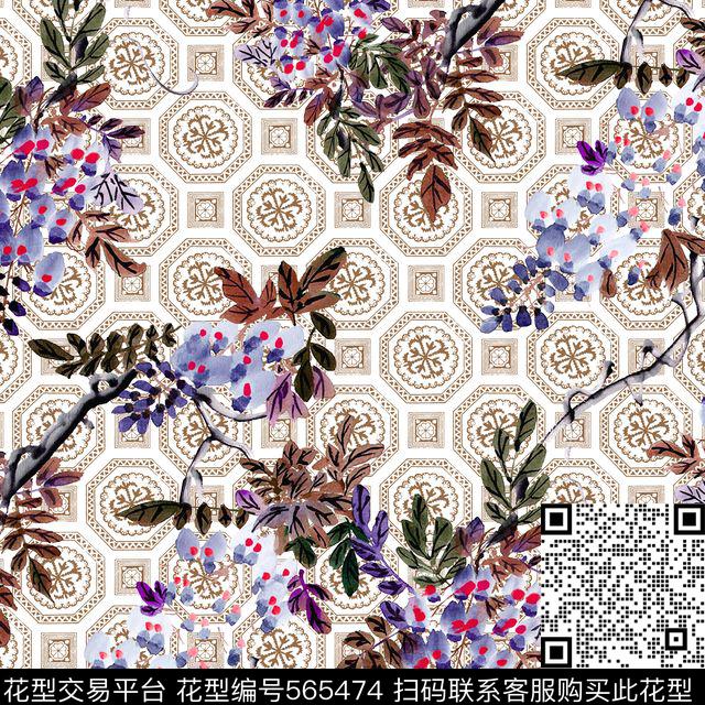 窗格纹水墨花卉女装数码印花华亿平台下载（图片编号: 565474） - 瓦栏（Walan）