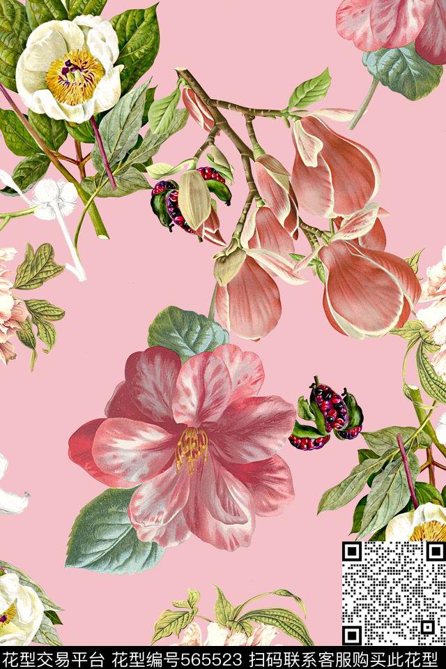 花卉满版原创手绘风格数码印花华亿平台下载（图片编号: 565523） - 瓦栏（Walan）