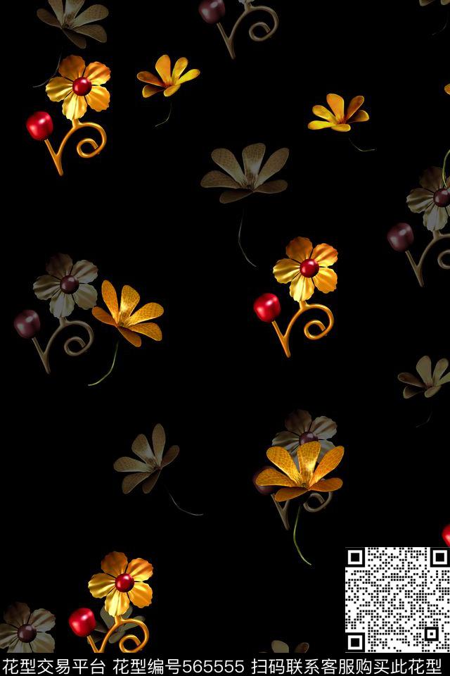 潮流时尚黄色花卉金属质感数码印花华亿平台下载（图片编号: 565555） - 瓦栏（Walan）