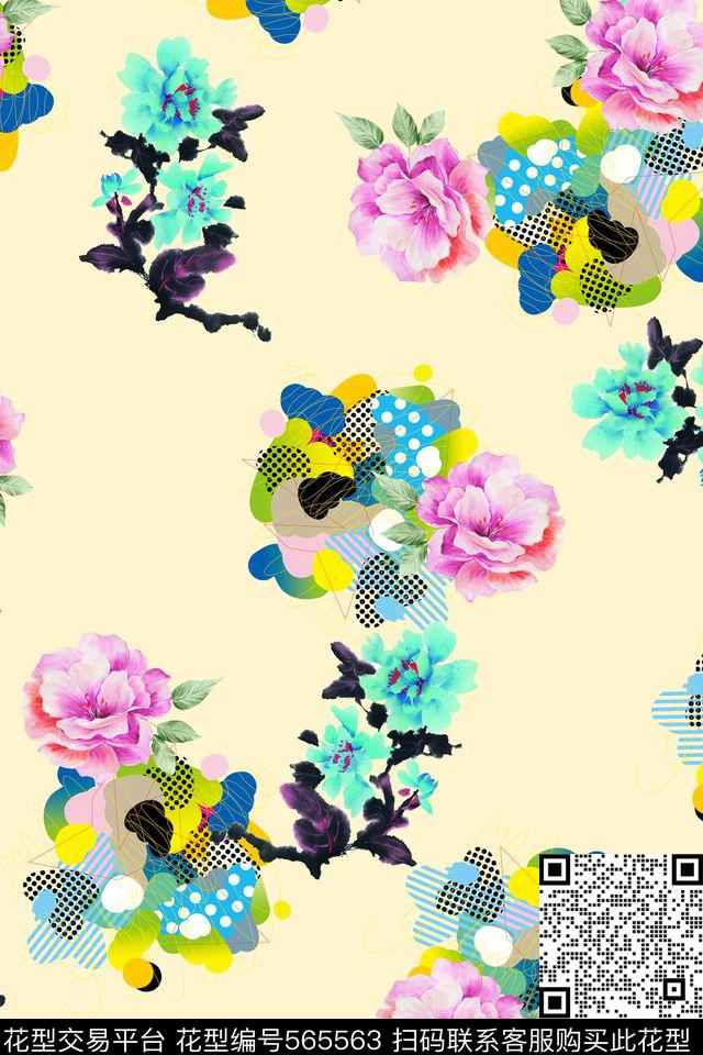 休闲多彩花卉几何几何拼接数码印花华亿平台下载（图片编号: 565563） - 瓦栏（Walan）