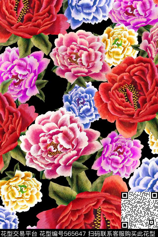 花卉潮流时尚大牌刺绣花卉数码印花华亿平台下载（图片编号: 565647） - 瓦栏（Walan）
