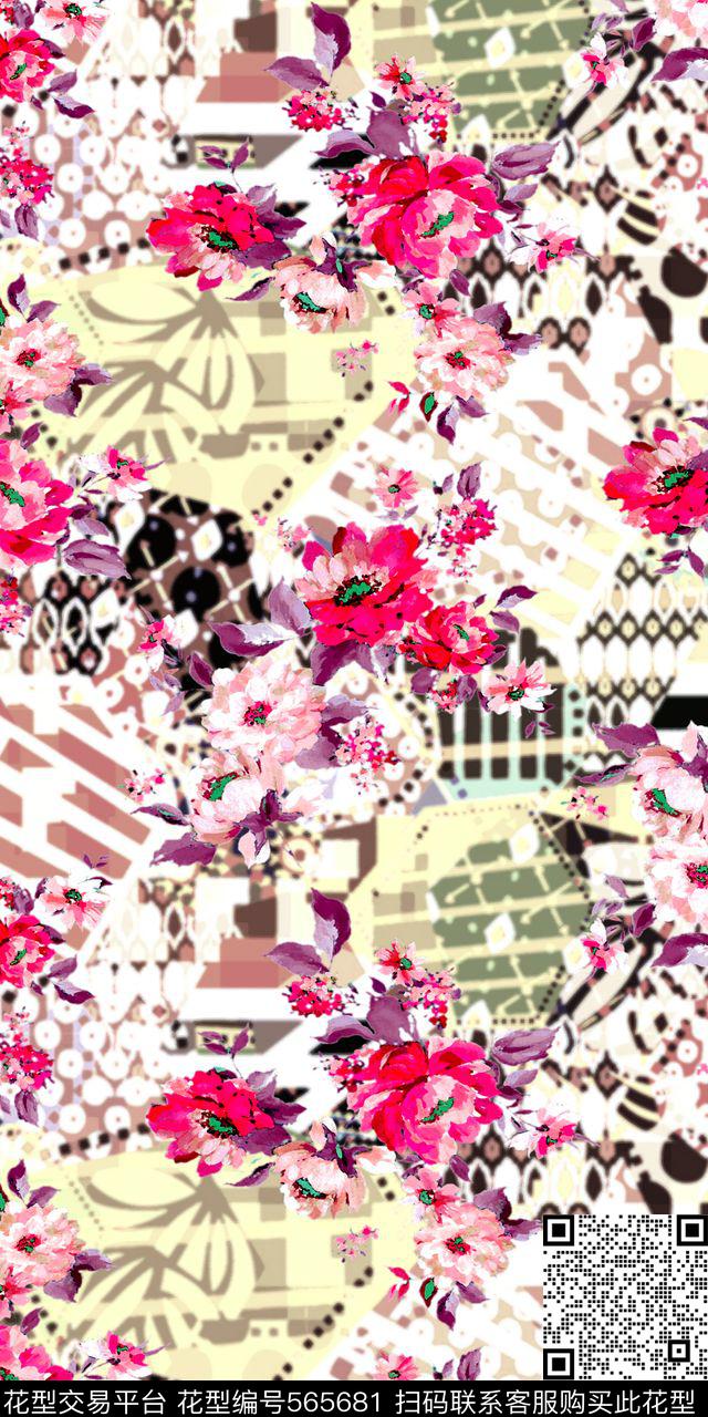 休闲民族风花卉几何底纹手绘花朵数码印花华亿平台下载（图片编号: 565681） - 瓦栏（Walan）