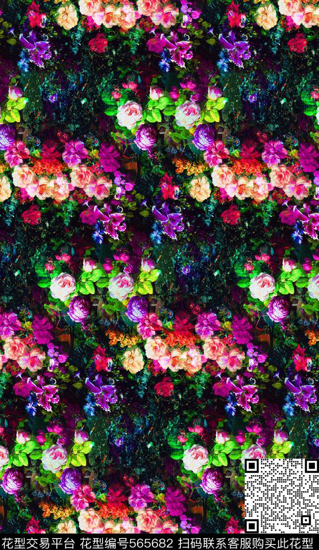 潮流时尚花卉彩色花卉抽象底纹男女装家纺印花图案数码印花华亿平台下载（图片编号: 565682） - 瓦栏（Walan）