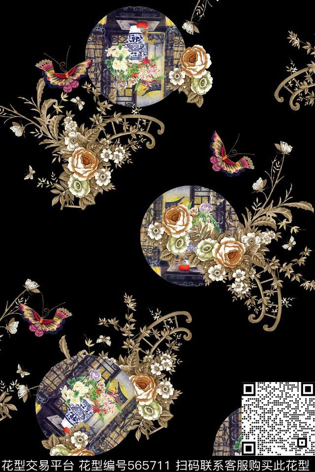 现代古典花卉蝴蝶中式元素数码印花华亿平台下载（图片编号: 565711） - 瓦栏（Walan）