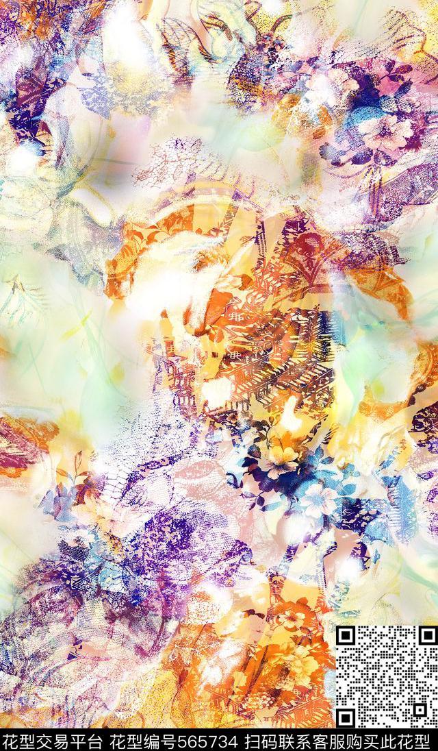 抽象蕾丝点缀装饰图案数码印花华亿平台下载（图片编号: 565734） - 瓦栏（Walan）