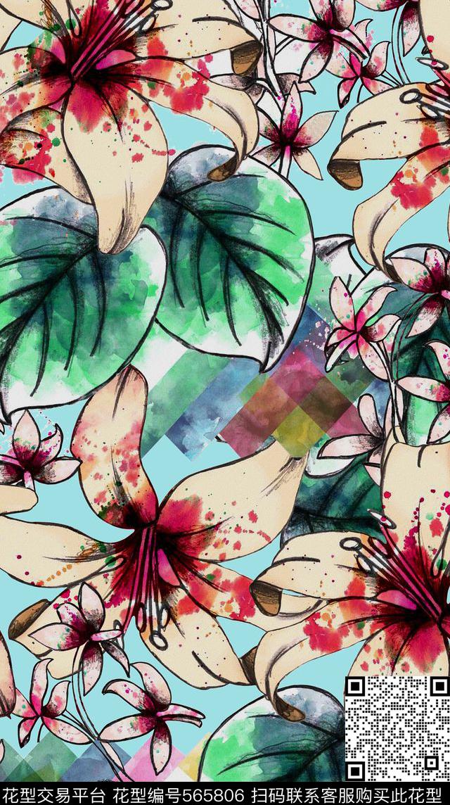 复古花卉手绘数码印花华亿平台下载（图片编号: 565806） - 瓦栏（Walan）