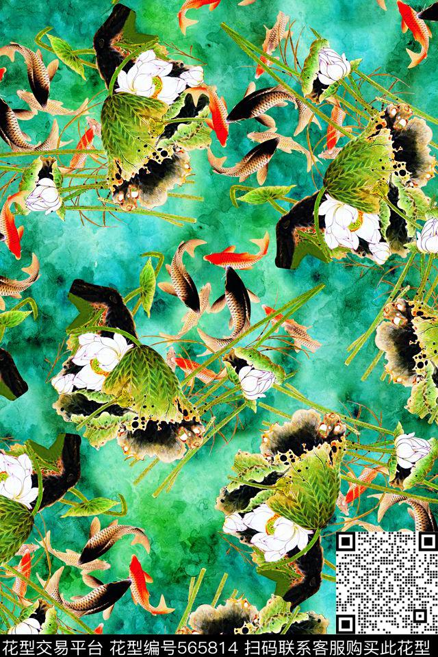 旗袍水墨画中国风数码印花华亿平台下载（图片编号: 565814） - 瓦栏（Walan）