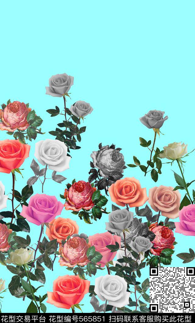 时尚玫瑰花束连衣裙数码印花华亿平台下载（图片编号: 565851） - 瓦栏（Walan）