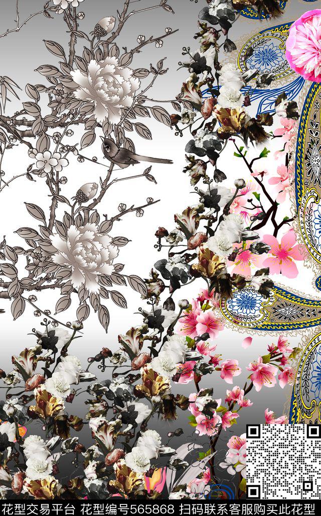 时尚中国风富贵数码印花华亿平台下载（图片编号: 565868） - 瓦栏（Walan）