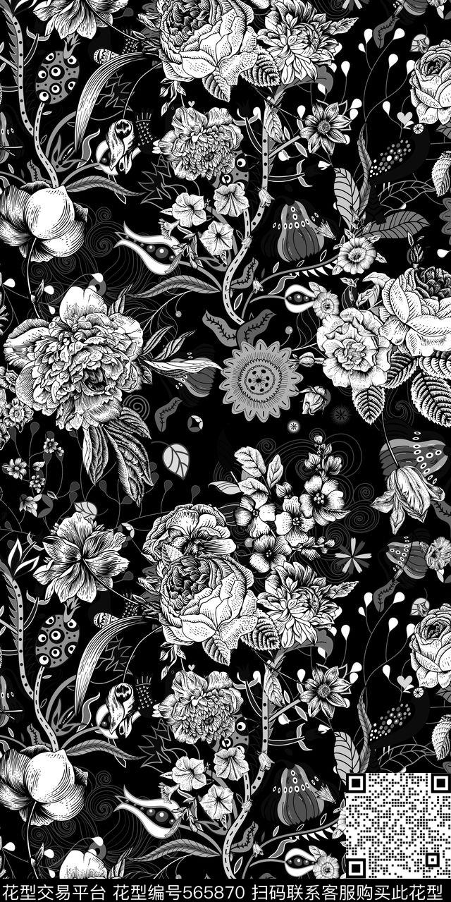 几何黑白花卉传统印花华亿平台下载（图片编号: 565870） - 瓦栏（Walan）