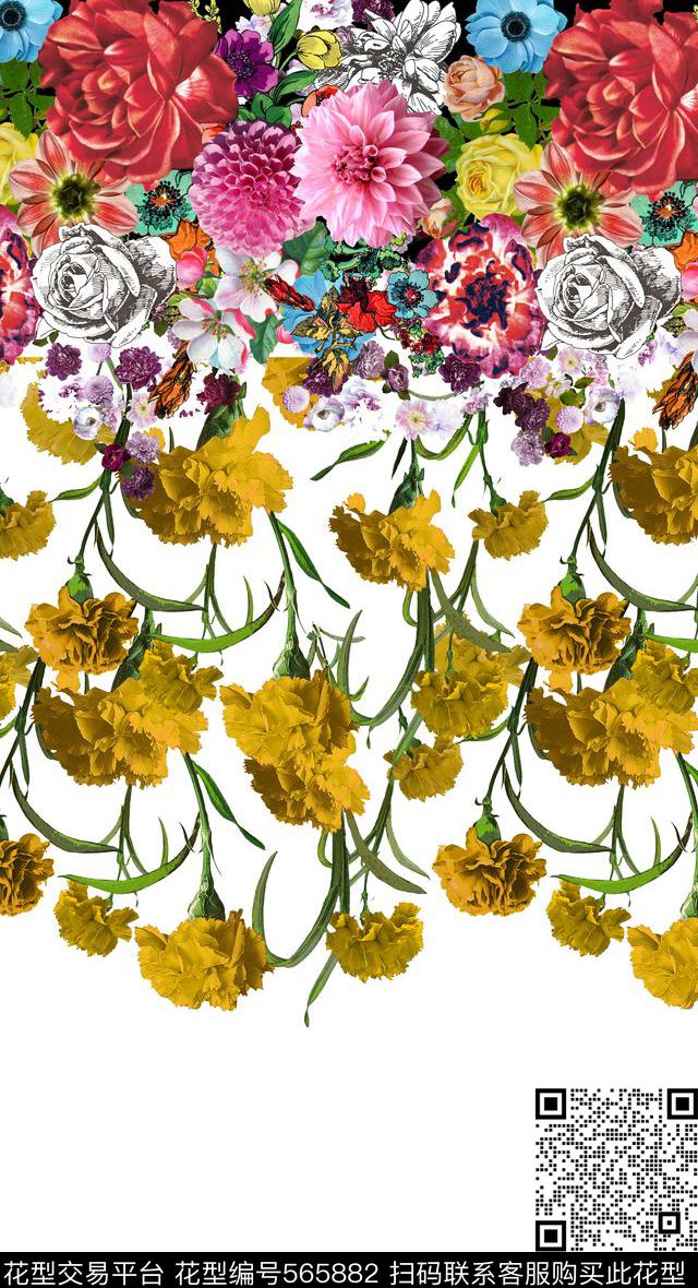 康乃馨热带手绘数码印花华亿平台下载（图片编号: 565882） - 瓦栏（Walan）