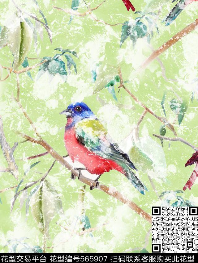时尚潮流手绘水彩花鸟数码印花华亿平台下载（图片编号: 565907） - 瓦栏（Walan）