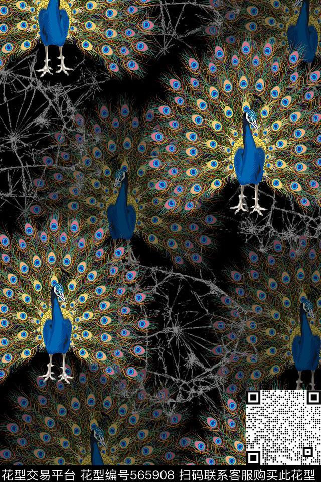 孔雀潮流时尚大牌手绘矢量孔雀数码印花华亿平台下载（图片编号: 565908） - 瓦栏（Walan）