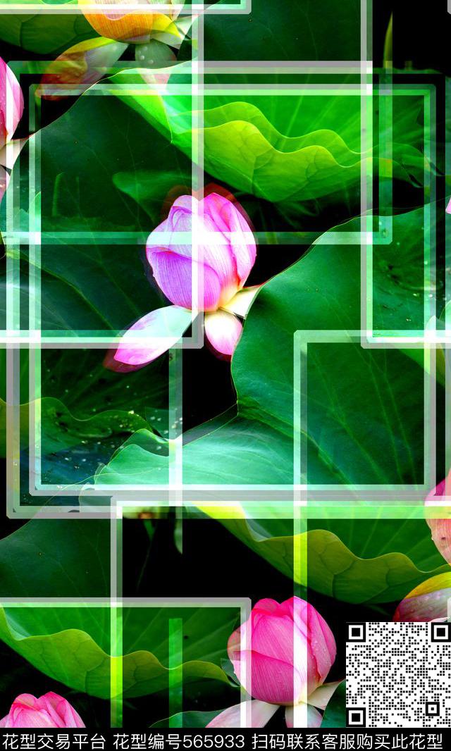 自然写意花卉荷花几何图案数码印花华亿平台下载（图片编号: 565933） - 瓦栏（Walan）