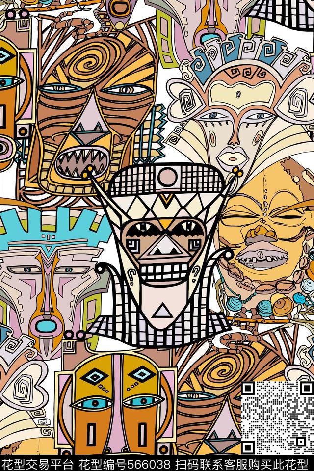 女装男装围巾礼服衬衫连衣裙短裤短裙手绘抽象欧美部落民族脸谱艺术H【抽象】传统印花华亿平台下载（图片编号: 566038） - 瓦栏（Walan）