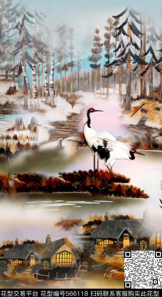 定位华亿平台油画鹤数码印花华亿平台下载（图片编号: 566118） - 瓦栏（Walan）