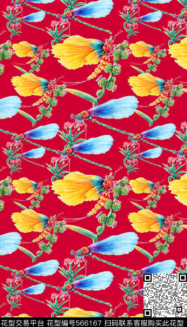 动物花上蝴蝶多彩蜻蜓手绘艺术数码印花华亿平台下载（图片编号: 566167） - 瓦栏（Walan）