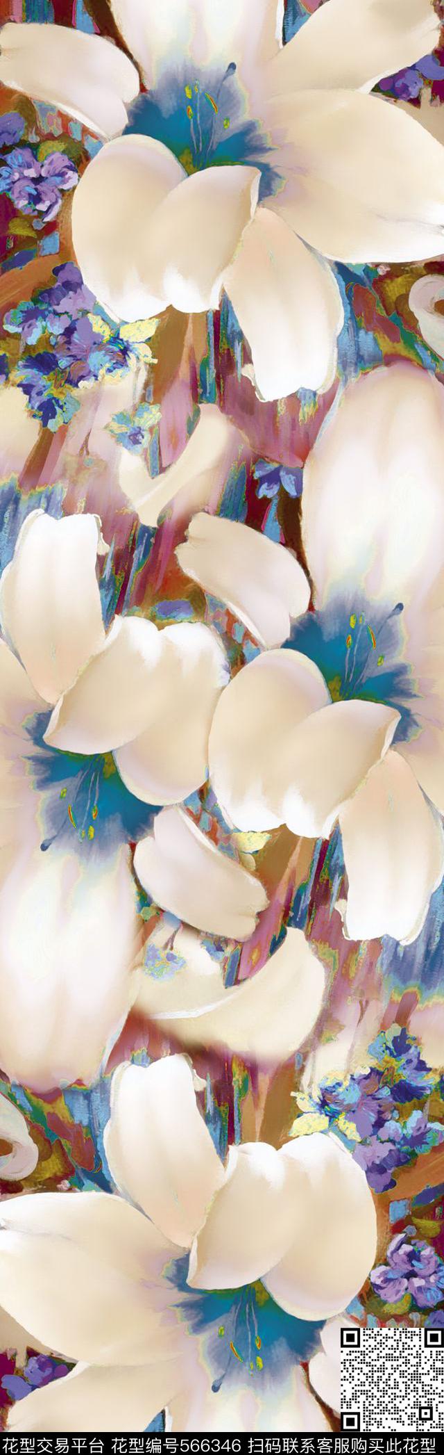 手绘油画百合数码印花华亿平台下载（图片编号: 566346） - 瓦栏（Walan）