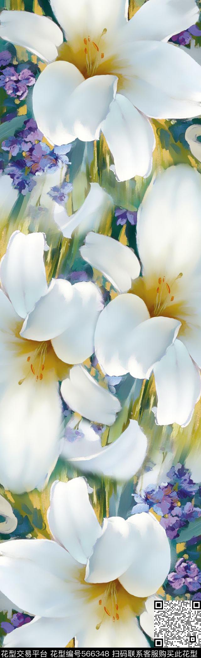 手绘油画百合数码印花华亿平台下载（图片编号: 566348） - 瓦栏（Walan）