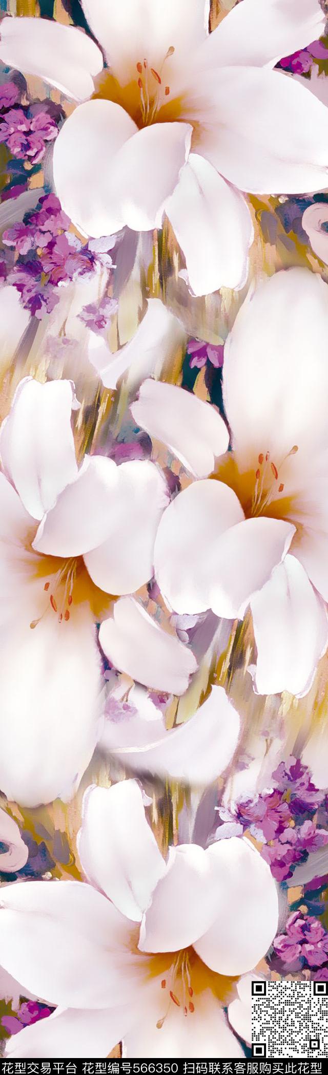 手绘油画百合数码印花华亿平台下载（图片编号: 566350） - 瓦栏（Walan）