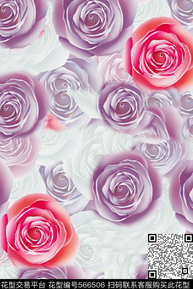 时尚大牌欧美风格玫瑰花流行时尚数码印花华亿平台下载（图片编号: 566506） - 瓦栏（Walan）