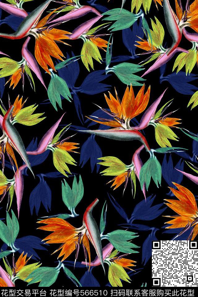 天堂鸟花潮流时尚大牌复古热带植物数码印花华亿平台下载（图片编号: 566510） - 瓦栏（Walan）