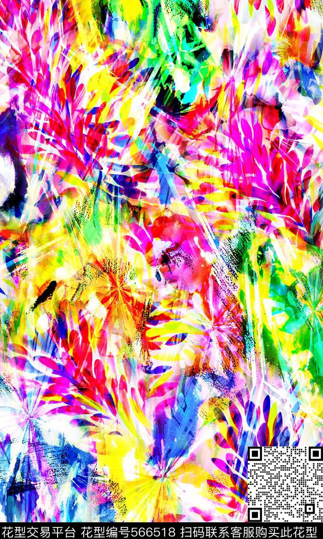 涂鸦抽象叶子数码印花华亿平台下载（图片编号: 566518） - 瓦栏（Walan）