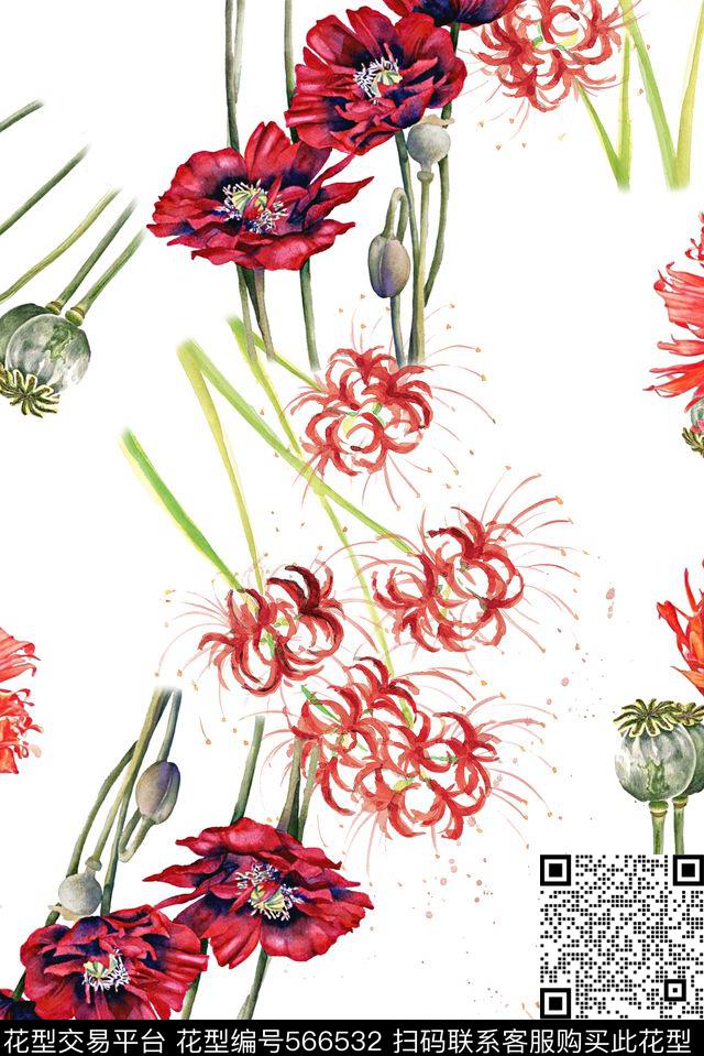 女装时尚大牌欧美风格罂粟花卉数码印花华亿平台下载（图片编号: 566532） - 瓦栏（Walan）