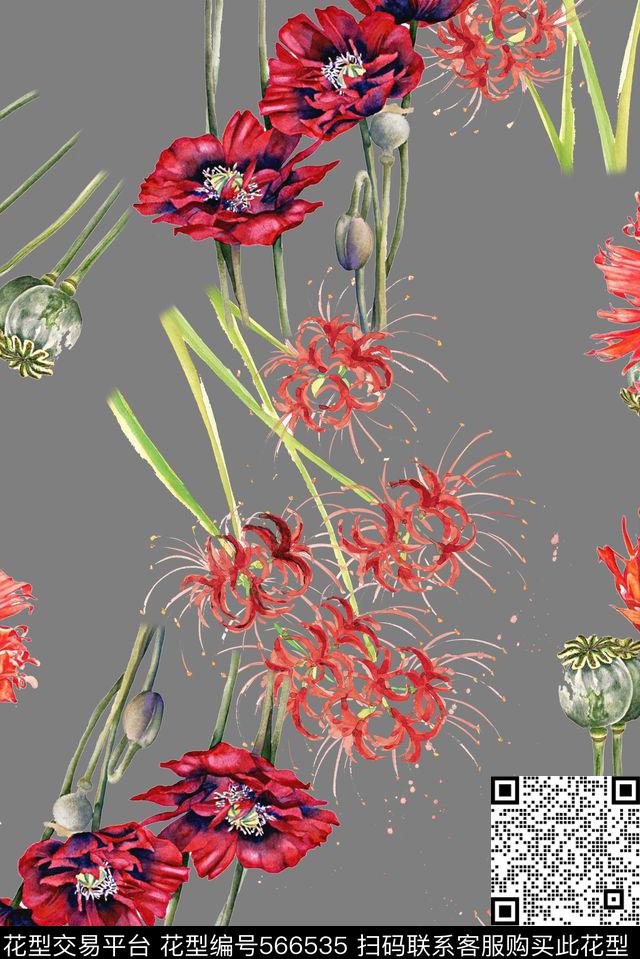 女装时尚大牌欧美风格罂粟花卉数码印花华亿平台下载（图片编号: 566535） - 瓦栏（Walan）