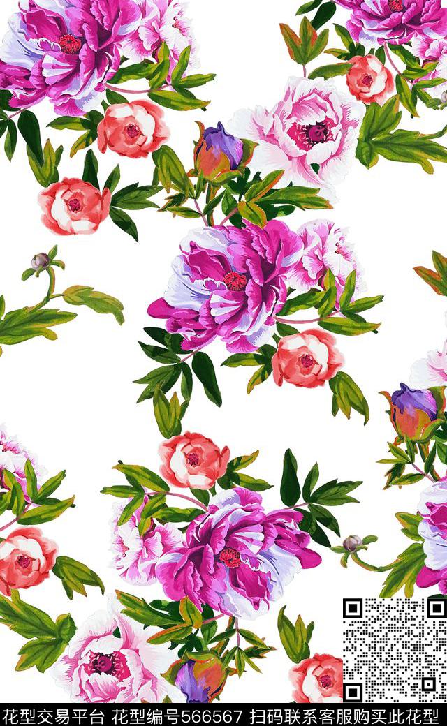 高清大花手绘元素数码印花数码印花华亿平台下载（图片编号: 566567） - 瓦栏（Walan）