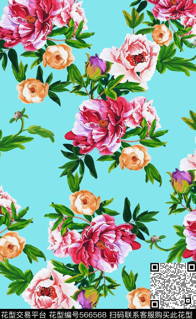 高清大花手绘元素数码印花数码印花华亿平台下载（图片编号: 566568） - 瓦栏（Walan）