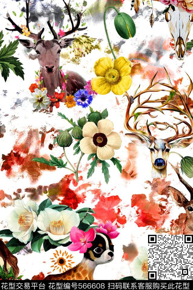 中国风小鹿花卉数码印花华亿平台下载（图片编号: 566608） - 瓦栏（Walan）